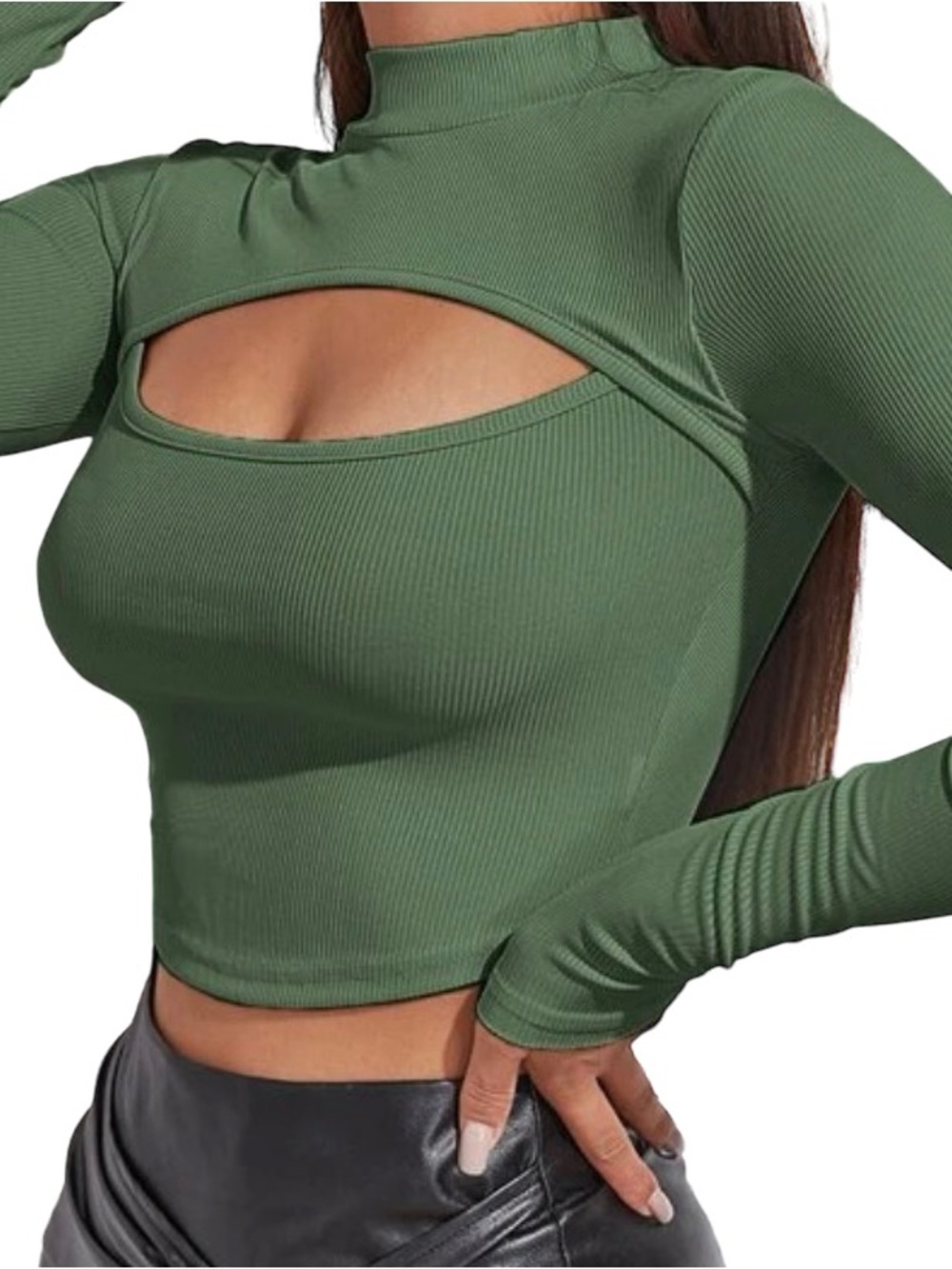 Women’s Cutout Ribbed Long Sleeve Top - Green